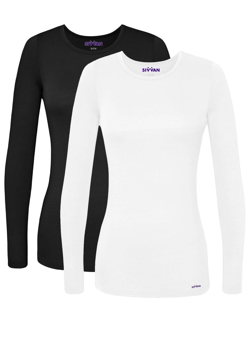 Sivvan Scrubs for Women - Long Sleeve Comfort Underscrub Tee 2-Pack - S85002 - Black/White - L - Image 1